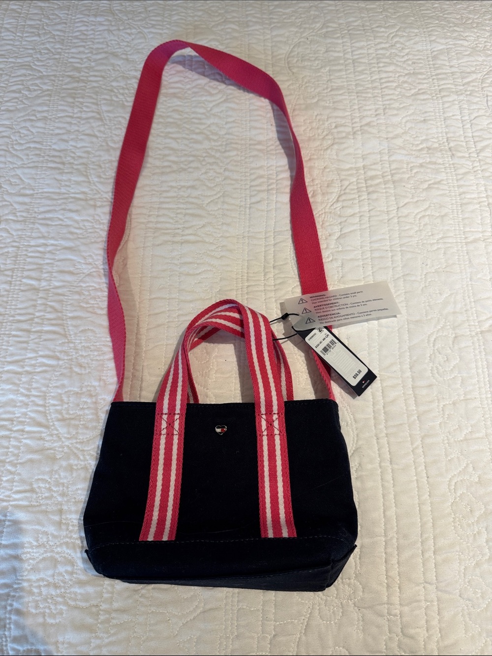 Women's Navy Canvas Tommy Hilfiger Tote with Pink Striped Handles